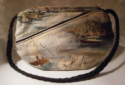 Vtg Tapestry Shoulder Handbag Tote Sailboats Lighthouse Ocean Beach Scene EUC - Image 1 of 4