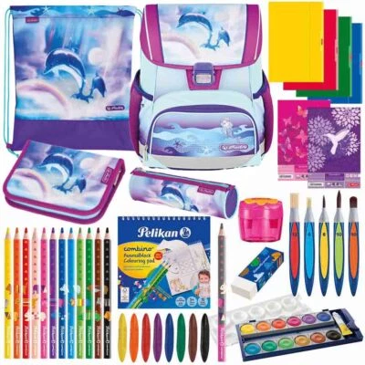 Herlitz Schulranzen Set Loop Plus Ocean in Heaven 14-teilig Mädchen Delfin blau
