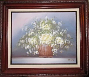 Mid-Century Framed Oil Painting Daisies in a Basket Still Life, Conn 27"x23" - Picture 1 of 6