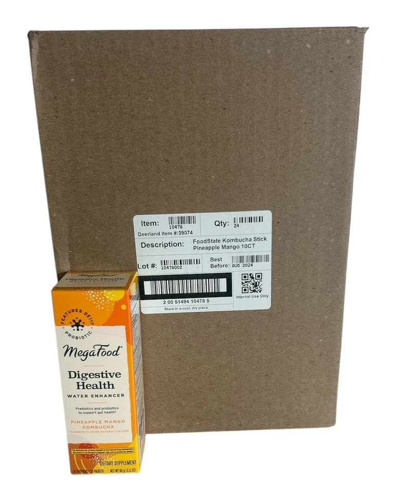Estuche MegaFood Digestive Health Potenciador de Agua PIÑA MANGO Kombucha 240 Pks Foto 1 de 4