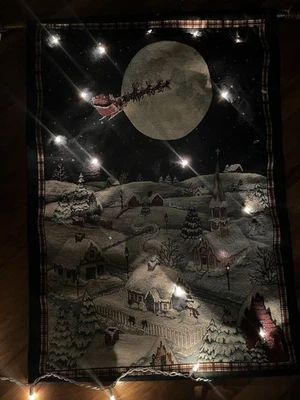 Christmas Tapestry Wall Hanging Vintage Village Church Santa Reindeer 26x36 Inch - Image 1 of 4