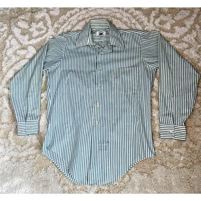Vintage Manhattan Dura Brite Men's Shirt Green Striped 60s Button 14.5-32 - Image 1 of 4