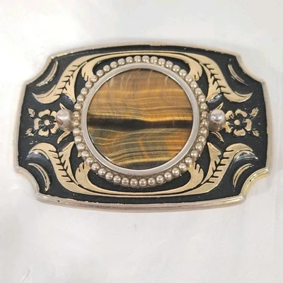 Hebilla de cinturón occidental tono floral dorado y negro con centro de ágata marrón vintage Foto 1 de 4