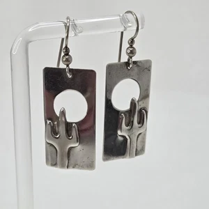 Vintage Handmade Sterling Silver Cactus Cut Out Dangle Earrings 4g - Picture 1 of 5