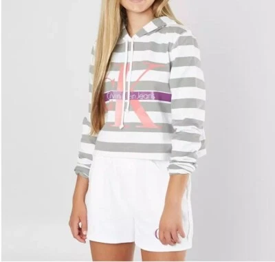 Calvin Klein Jeans Cropped Sweat Shirt Hoodie Stripes Tan White Large New - Image 1 of 4