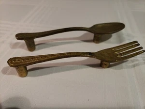vintage BRASS Fork and Spoon Drawer Handles pulls w/screws 3" LENGTH mount holes - Picture 1 of 9