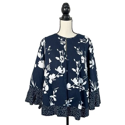 Cynthia Rowley Linen Blend Navy Blue White Floral Blazer Jacket Plus Size 1X - Image 1 of 4