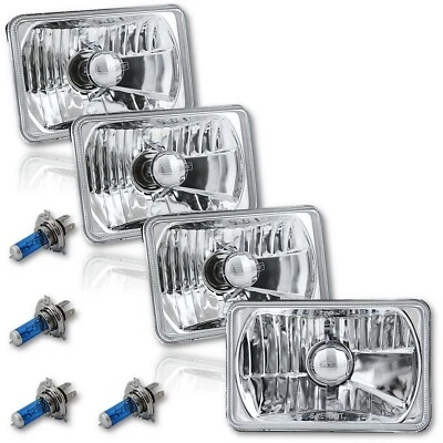 4X6" Halogen Crystal Clear Glass Lens Metal Headlight H4 Light Bulb Headlamp Set - Image 1 of 4