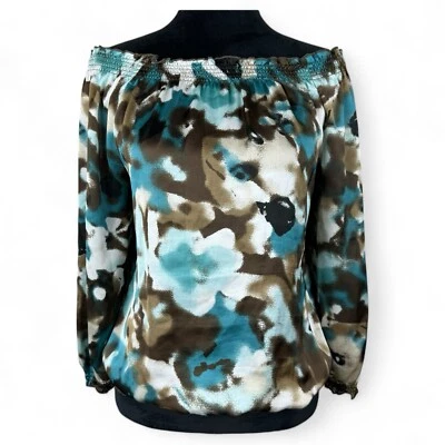 Blusa Larry Levine Signature para mujer talla pequeña PM marrón turquesa Foto 1 de 4