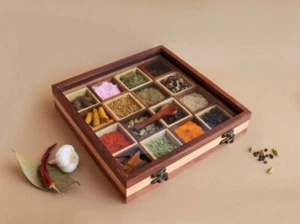 Dual-Tone Wooden Handcrafted Spice Box/ Masala Dabba Dual Tone with 16 Square Co - Picture 1 of 7