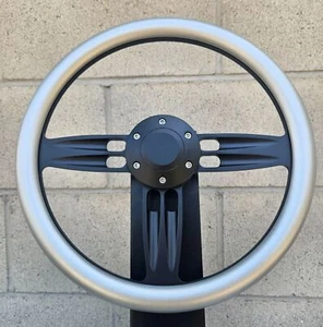 14" Black Double Barrel Silver Half Wrap Black Horn Button 6-Hole Wheel - Picture 1 of 5