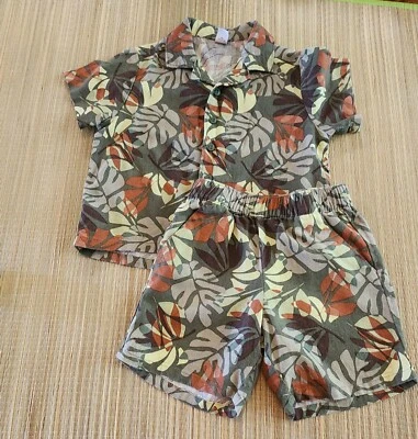 Old Navy Toddler Boys Linen Blend Green Tropical Short Set 3T Pre-owned EUC  - Image 1 of 4