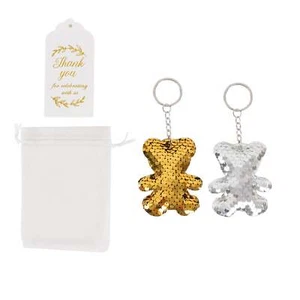 20 Sequin 3" Gold and Silver Teddy Bear Keychains Organza Bags and Thank You - Picture 1 of 9