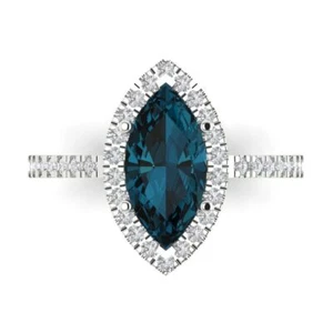 2.38Ct Marquise Natural London Blue Topaz Halo Engagement Ring, 14K White Gold - Picture 1 of 11