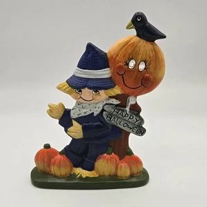 Vintage handbemalte Halloween Vogelscheuche Krähe Kürbis Figur Vintage Keramik 7 Zoll - Bild 1 von 8