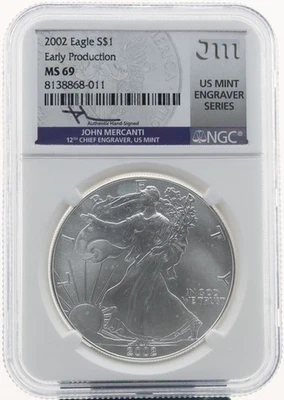 2002 $1 Silver Eagle Early Production NGC MS69 Mercanti Signed US Mint Engraver - Image 1 of 2
