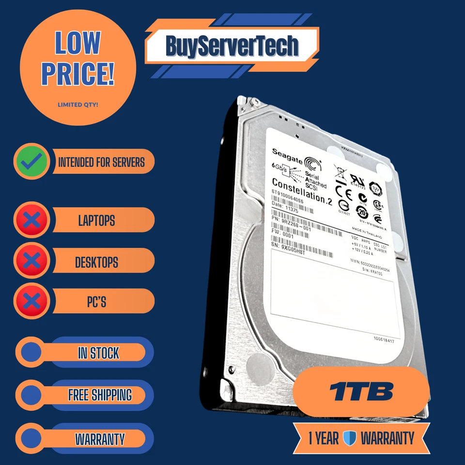 Seagate ST91000640SS 1TB 7.2K 6Gb/s 2.5" SAS HDD Enterprise 0Hrs 1Yr Warranty - Image 1 of 3