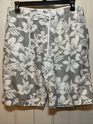 Old Navy Mens Medium Swim Trunks Blue White Lined Floral Pattern Side Pockets - Image 1 of 4