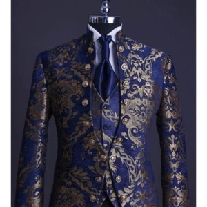 Formal Tuxedo Coat and Vest - Men's US42 -Elegant Blue and Gold Embroidery - Picture 1 of 2