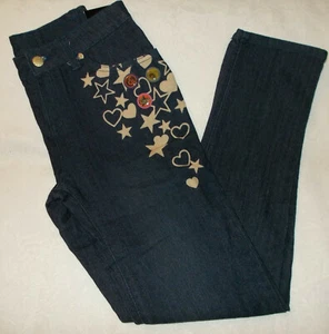 New Enyce Girls Jeans Dark Blue Straight Denim Pants star heart print Size 14 - Picture 1 of 3