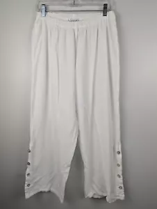 Oh My Gauze Wide Leg Crop Pants Size M Pull On Cotton White Button Detail Crop - Picture 1 of 11
