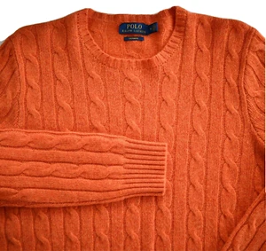 POLO RALPH LAUREN Orange CABLE-KNIT 100% CASHMERE Men's Crewneck Sweater M - Picture 1 of 9