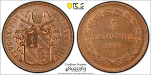 1854 R Year VIII Italian Papal States 5 Baiocchi, PCGS MS 63, KM-1356, Italy - Picture 1 of 2