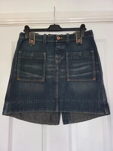 DIESEL DISTRESSED VINTAGE BLUE DENIM BUTTON POCKET TRIM KNEE LENGTH JEANS SKIRT - Picture 1 of 4