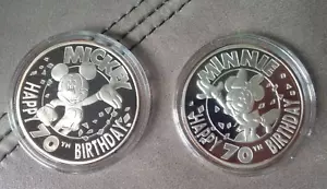 Mickey & Minnie Mouse Matching Set 70th Birthday 1oz Fine .999 Silver Coins IOB - Picture 1 of 9