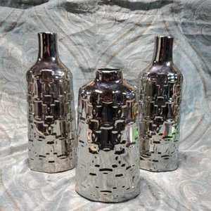 Lot Of 3 Urban Trends Ceramic Vases With Chrome Finish Very Heavy And Shiny - Picture 1 of 15