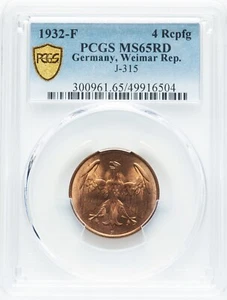 Weimar - 1932-F 4 Pfennig - PCGS MS65RD - THE ONLY RD SPECIMEN AT PCGS - TOP POP - Picture 1 of 3