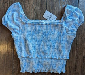 LUSH Blue and White Swirl Smocked Short Sleeve Crop Top NWT Size Medium USA Made - Picture 1 of 18