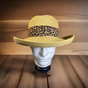 Nine West Hat Women’s OS Straw Old Money Kentucky Derby Leopard Band Beach - Picture 1 of 11