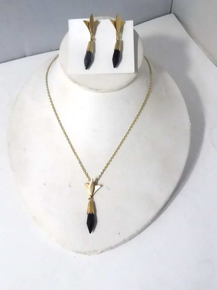 EMMONS Black Glass Stone Jewelry Set Teardrop Pendant & Clip Earrings - Image 1 of 4