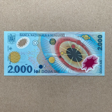 Solar System Note. Romania 2000 Lei 1999, FIRST Plastic Currency Romanian Money Cover