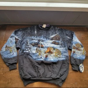 90s NWT Art Unlimited Winter Landscape Ski Camp Cabincore Sweatshirt sz L - Picture 1 of 10