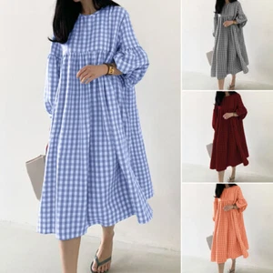 Mujeres Puff Mangas Largas Cuello Redondo Fiestas Fiesta a Cuadros Largo Mediodía Camisa Vestido Plus - Imagen 1 de 16