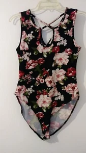 Derek Heart Black Floral Lattice Front/Rear neck sleeveless bodysuit M       340 - Picture 1 of 4