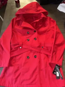 SEBBY Red Pea Coat Hooded Button Up Waterproof Women's XL Long Past Hips Trendy - Picture 1 of 5