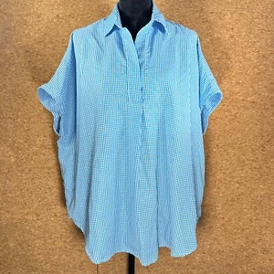 Blue Gingham Plaid Oversized Blouse Spring/Summer Flowy Top Preppy Minimalist M - Picture 1 of 12