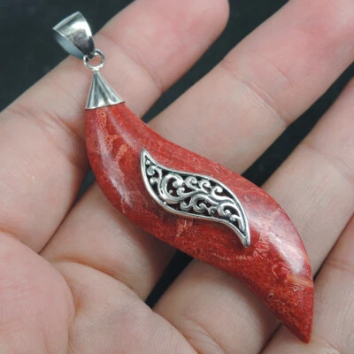 Gioielli con ciondolo grande corallo rosso naturale in argento sterling 925, ... - Immagine 1 di 4