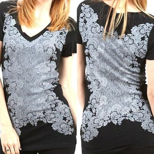 Vocal Top Größe S schwarz Spitze Schlankmacher Print Strass verziert Damen Shirt - Bild 1 von 3