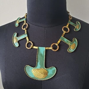 Collana Modernariato Vintage Casa Maya Messicana Ottone Martellato Anni 60 Oro Verde - Foto 1 di 13