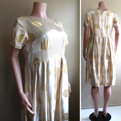 L Vintage Handmade Cream Satin Dress Gold Chinese Symbol Knee Back Zip SS - Image 1 of 4