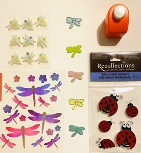 Lot of 5 Lady Bug & Dragonfly stickers, beads/ buttons, paper cutout stamp