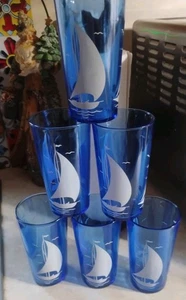 6 HAZEL ATLAS 10 oz AZUL COBALTO 5" VIDRIO Velero Beber Jugo Helado Vaso de Té - Imagen 1 de 6