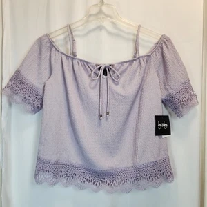 By &By Womens Cold Shoulder Keyhole Lace Short Sleeve Cropped Blouse Size L Boho - Picture 1 of 9