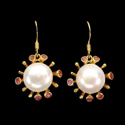 925 Sterling Silver Earrings Round Ruby Pearl Natural Gemstone Jewelry - Image 1 of 4