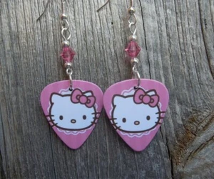 Hello Kitty with Pink Background Guitar Pick Earrings and Pink Swarovski Crystal - Picture 1 of 1