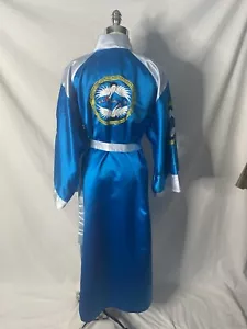 Vtg Korean Kimono Dressing Robe Blue Poly with White Trim Embroidered Cranes - Picture 1 of 11